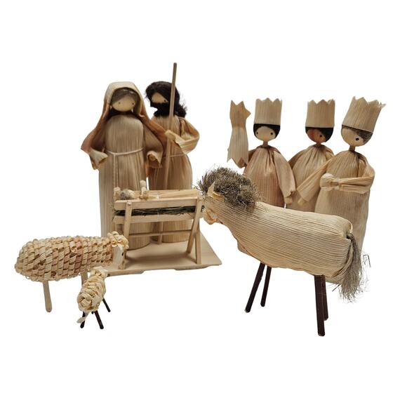 Czech Folk Art Handmade Corn Husk Doll Nativity Jesus Manger Mary Joseph Sheep - Picture 1 of 8